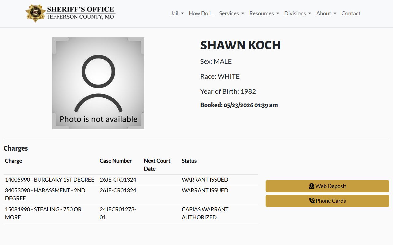 Jefferson County inmate profile record with mugshot and charge fields