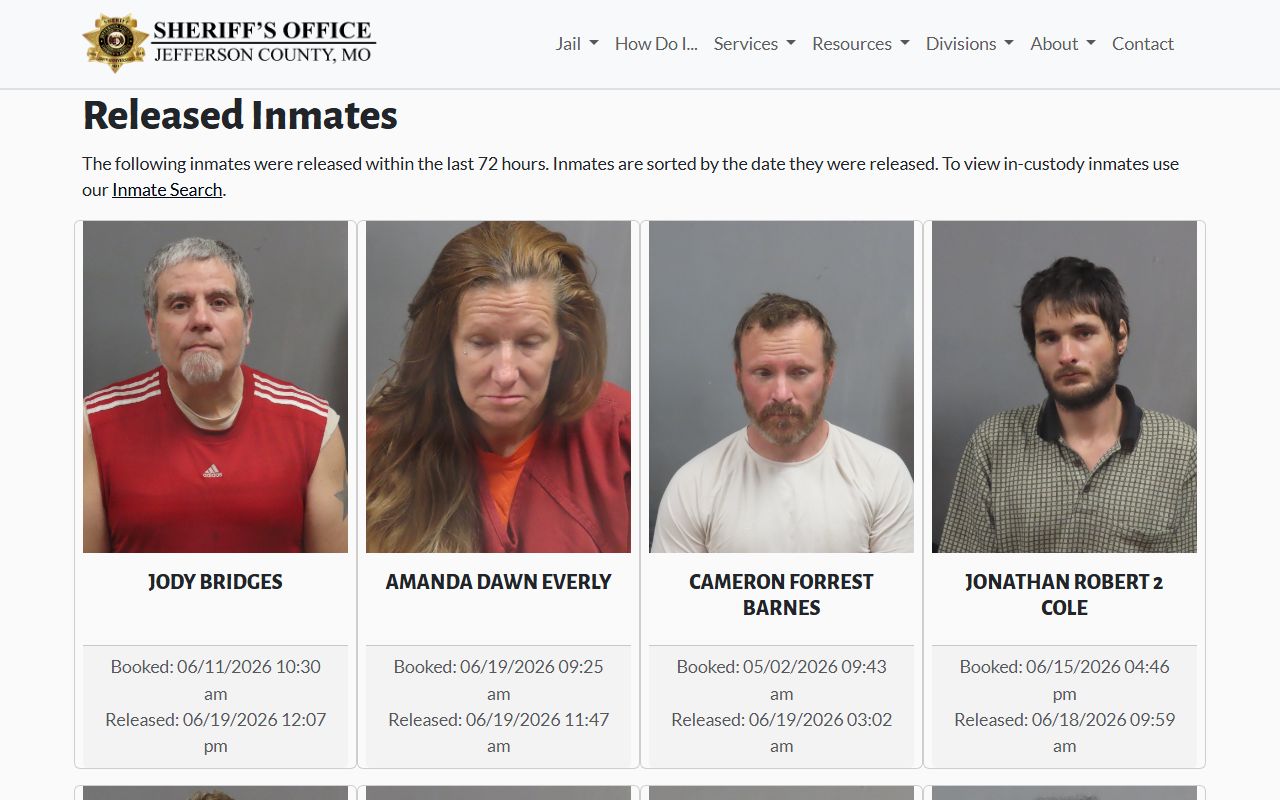 Jefferson County released inmates page with recent booking photo records