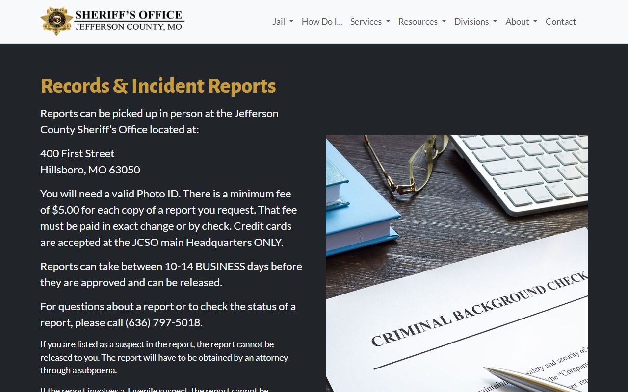 Jefferson County records request page for booking photo and incident report access